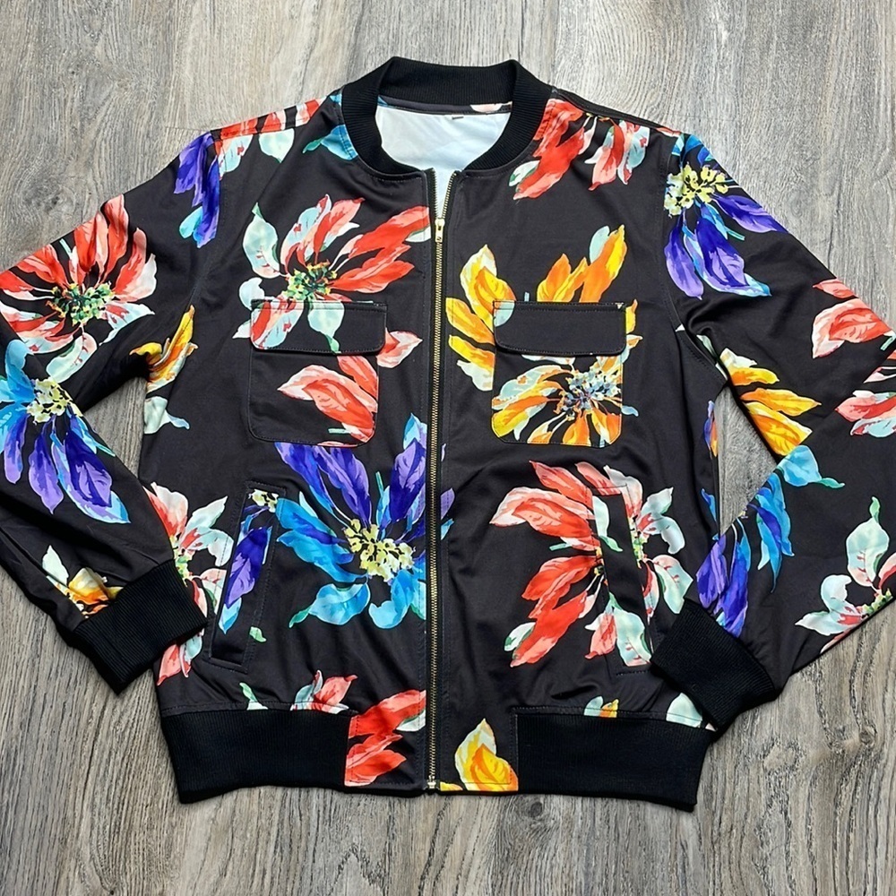 Shein Women’s Satin Floral Bomber Jacket, black, multicolor, size small
